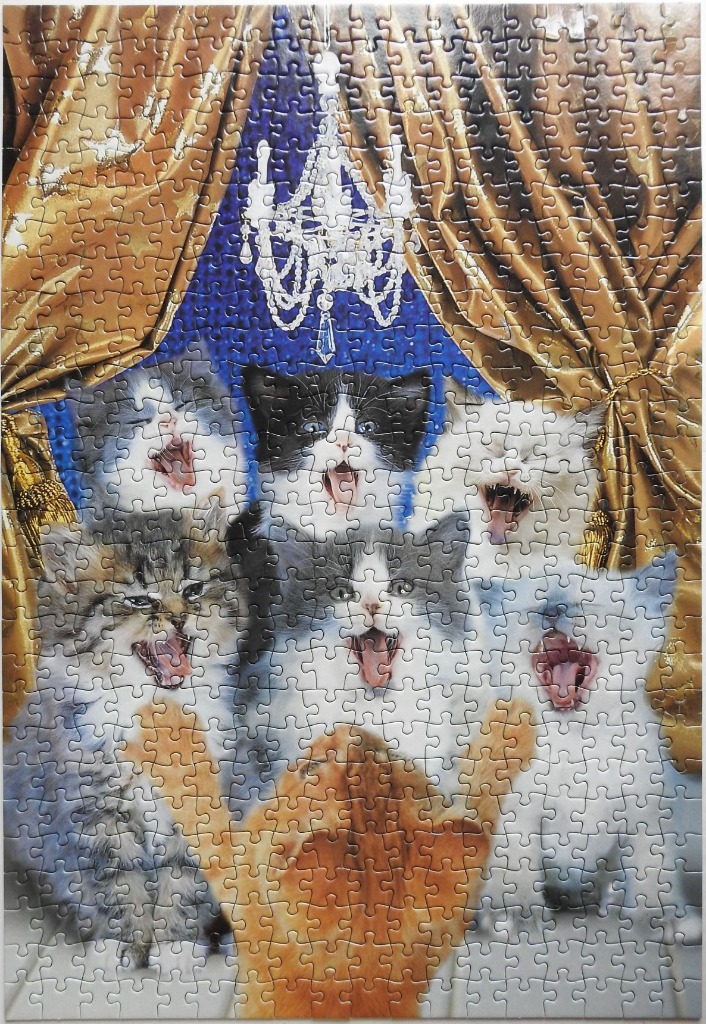 A group of fluffy kittens with mouths wide open in a singing or yawning pose against a backdrop of gold curtains.