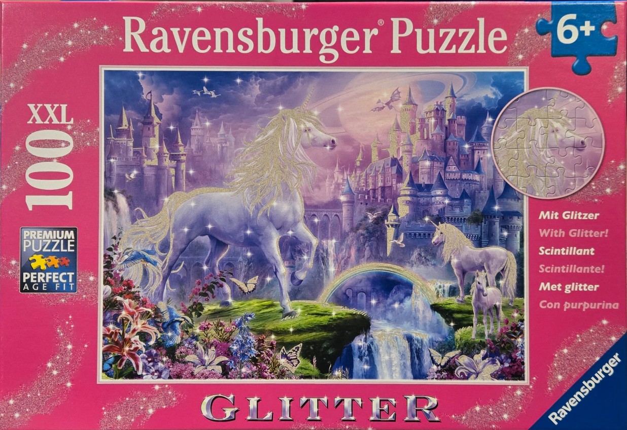 A fantasy scene featuring two white unicorns, a magical castle, and a rainbow under a starry, cosmic sky.