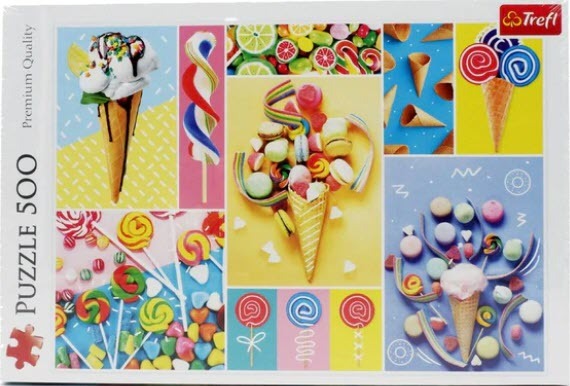 A collage of various colorful candies, ice cream cones, and sweets arranged in a vibrant grid pattern.
