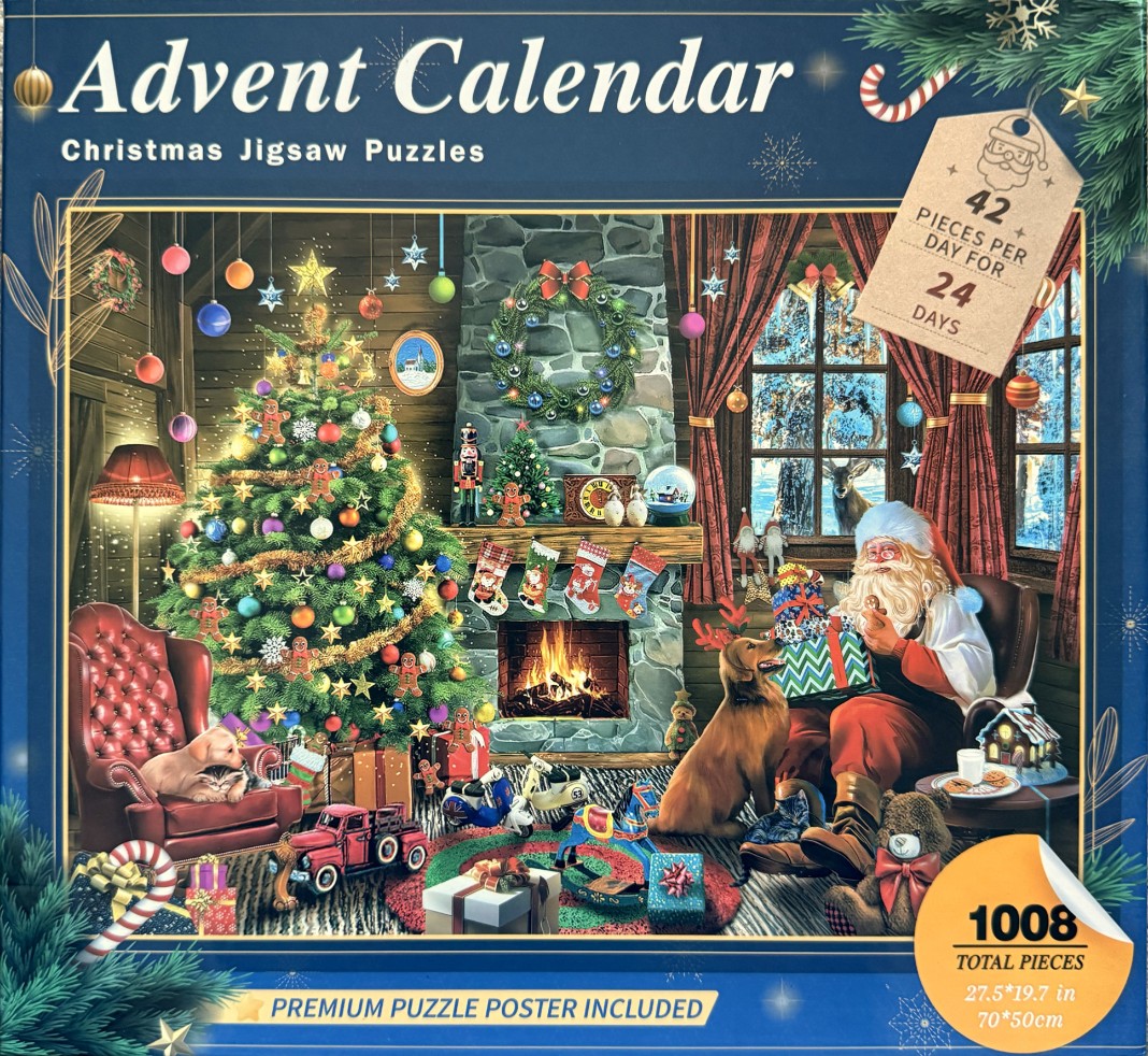 Illustrated interior scene with Santa, a Christmas tree, and cozy holiday decorations in a rustic room.