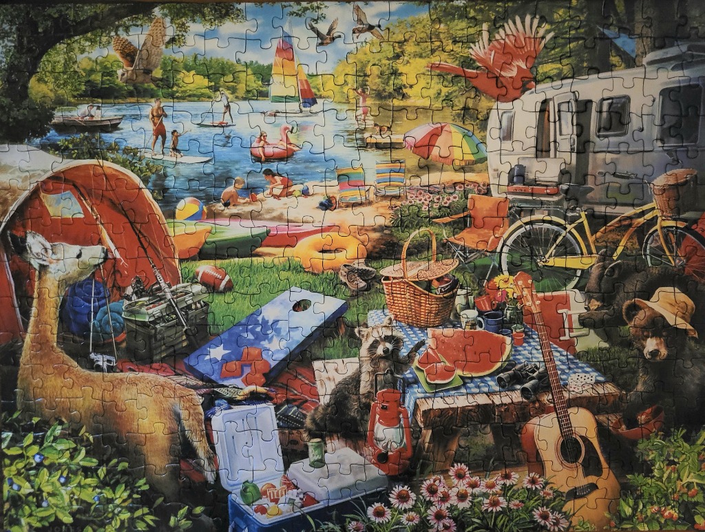 A whimsical woodland campsite scene by a lake featuring animals, a vintage camper, and recreational gear.