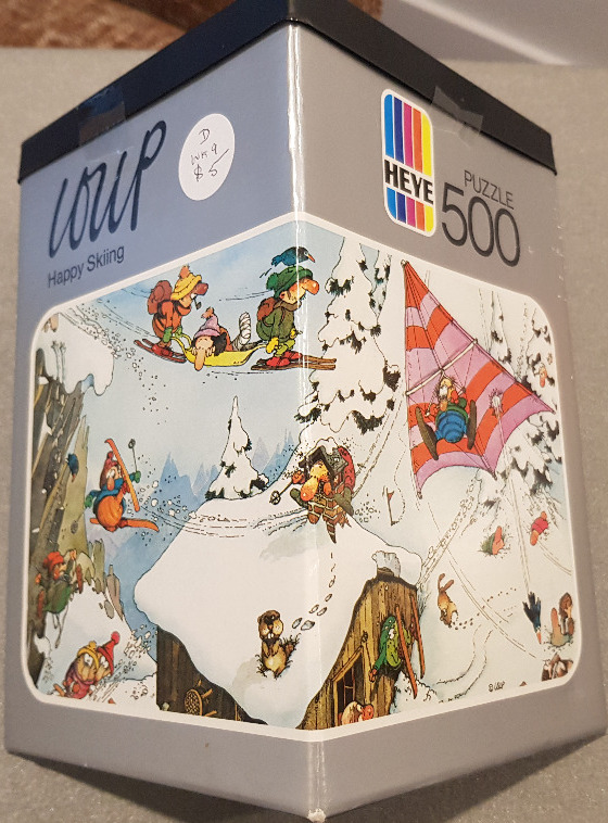 Cartoon illustration of various characters skiing, hang-gliding, and playing in a snowy mountain landscape.
