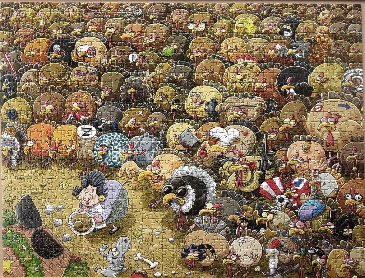 A humorous cartoon scene showing a massive, crowded gathering of turkeys with varied expressions and costumes.