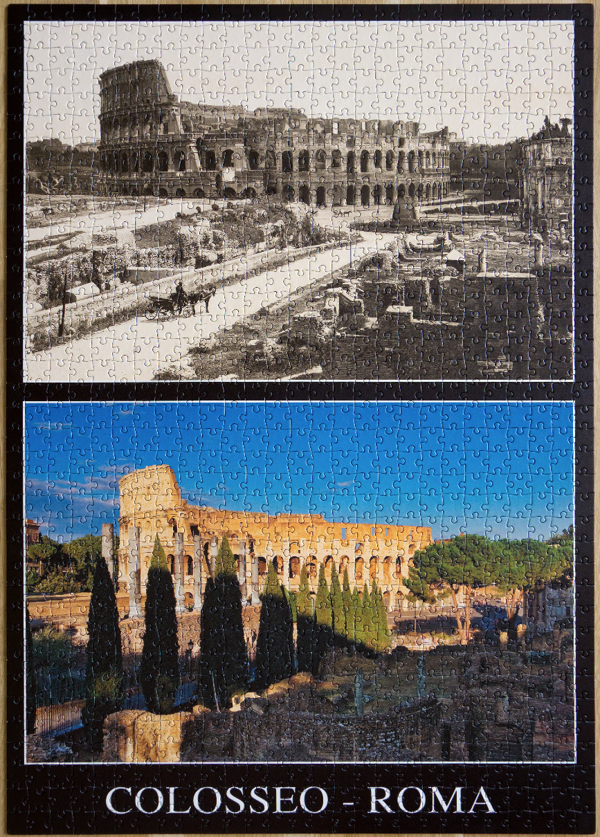 A split-panel image showing the Colosseum in Rome in black and white and in full colour.