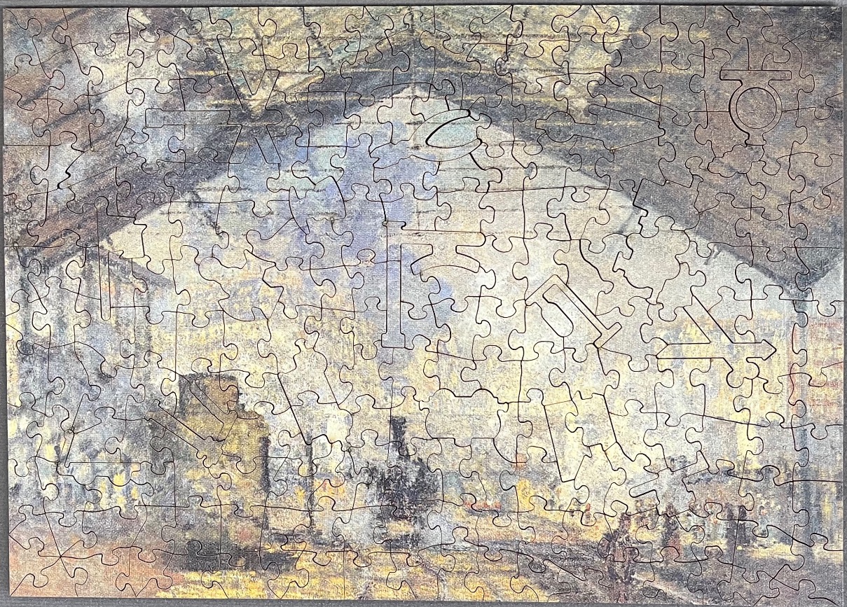 An abstract painting in muted yellows and greys featuring faint geometric lines and blurred figures.