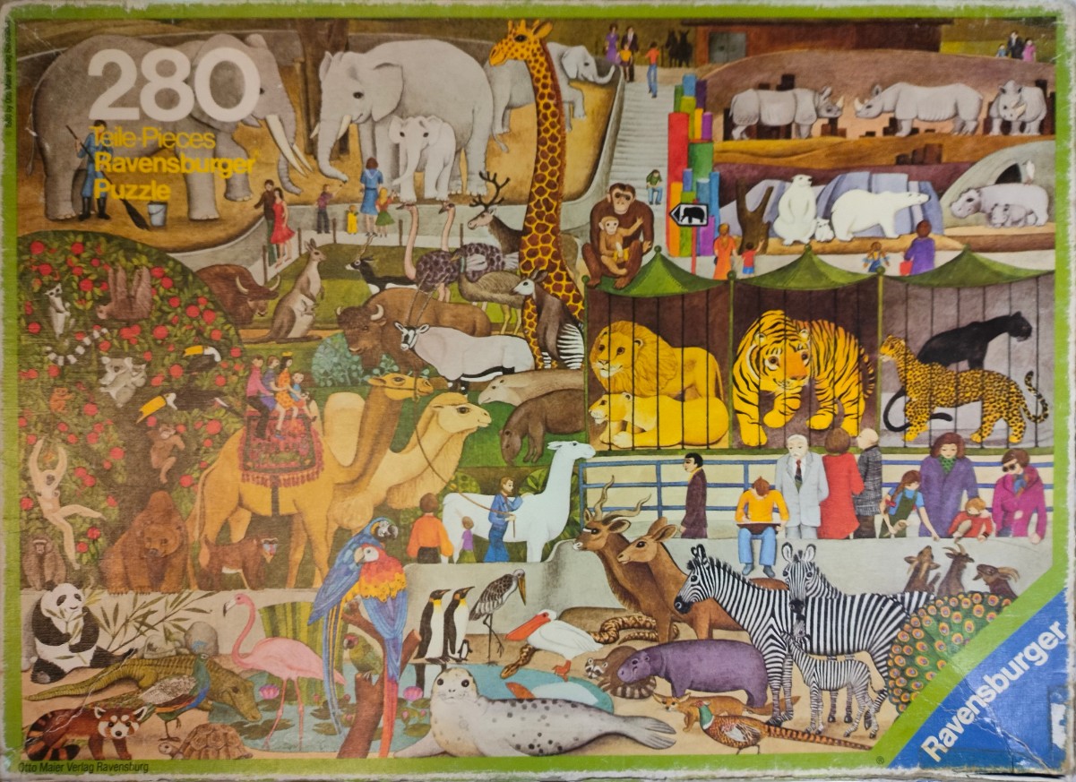 An illustration of a bustling zoo scene with various animals and human visitors.