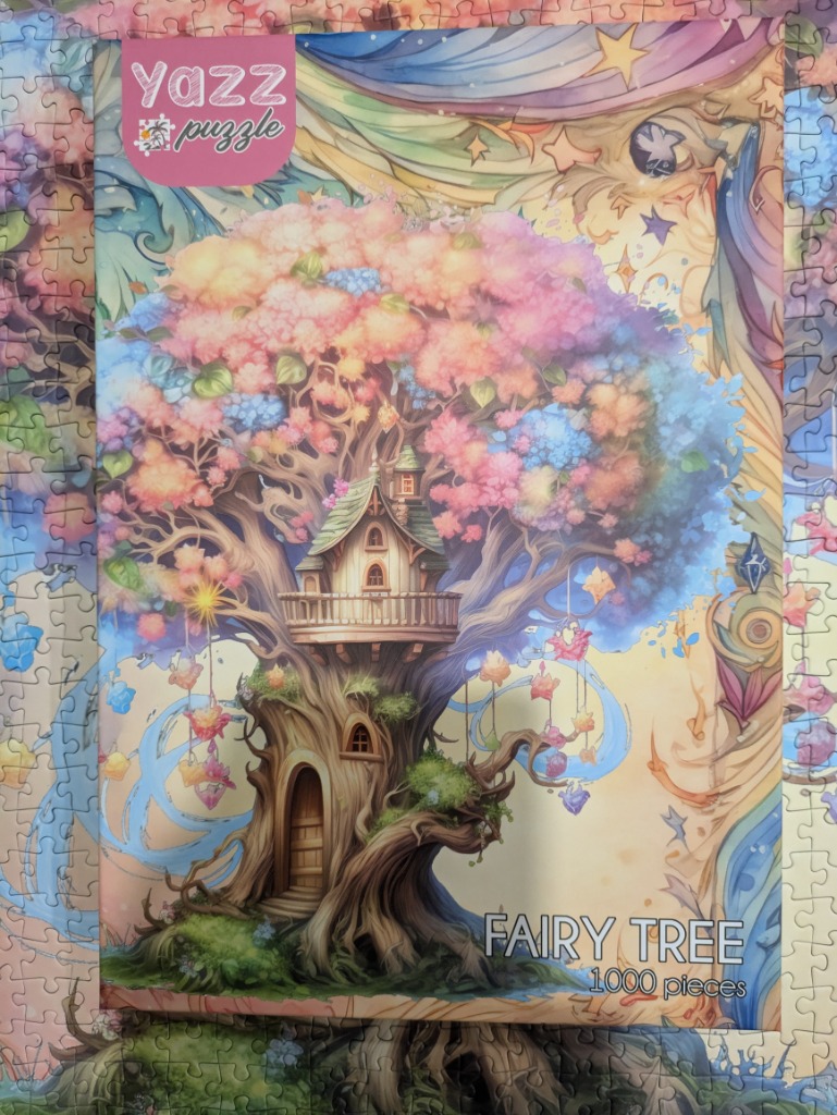 Whimsical illustration of a fairy tale treehouse with pastel-colored foliage and magical hanging ornaments.