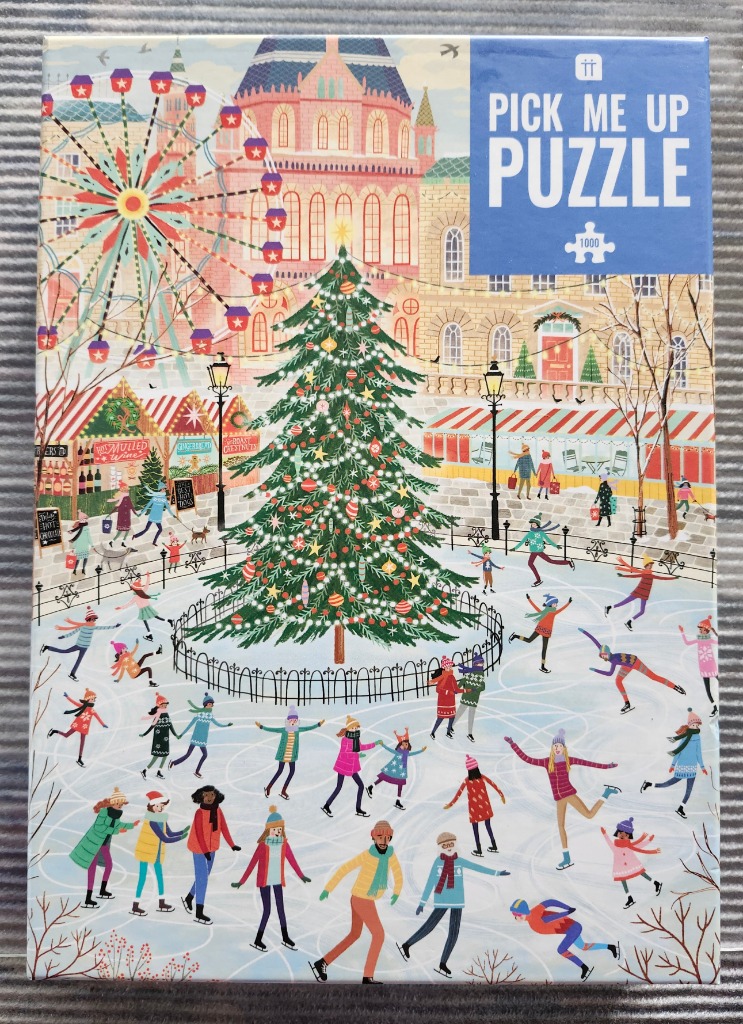 Illustrated outdoor ice skating scene in a city square at Christmas with a large tree and a ferris wheel.