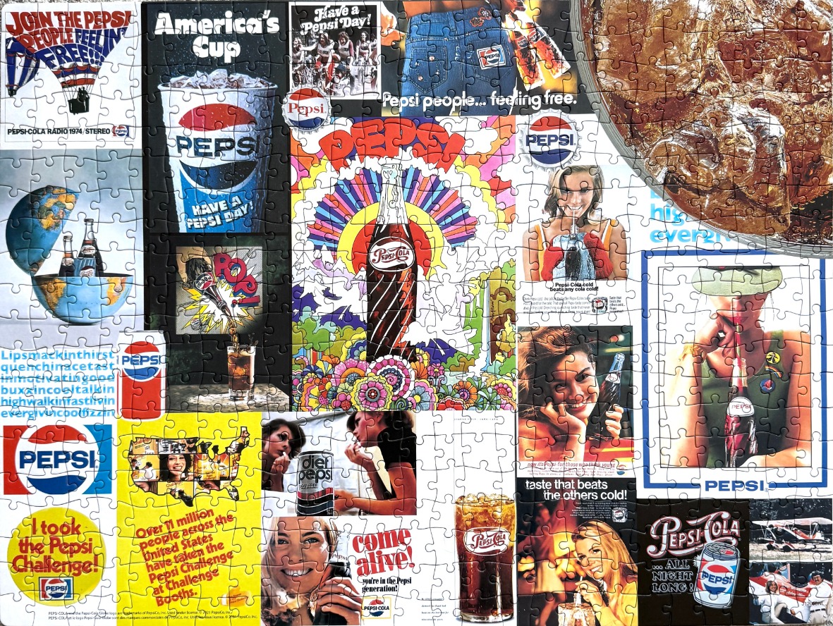 A collage of vintage Pepsi advertisements, posters, and branding imagery.