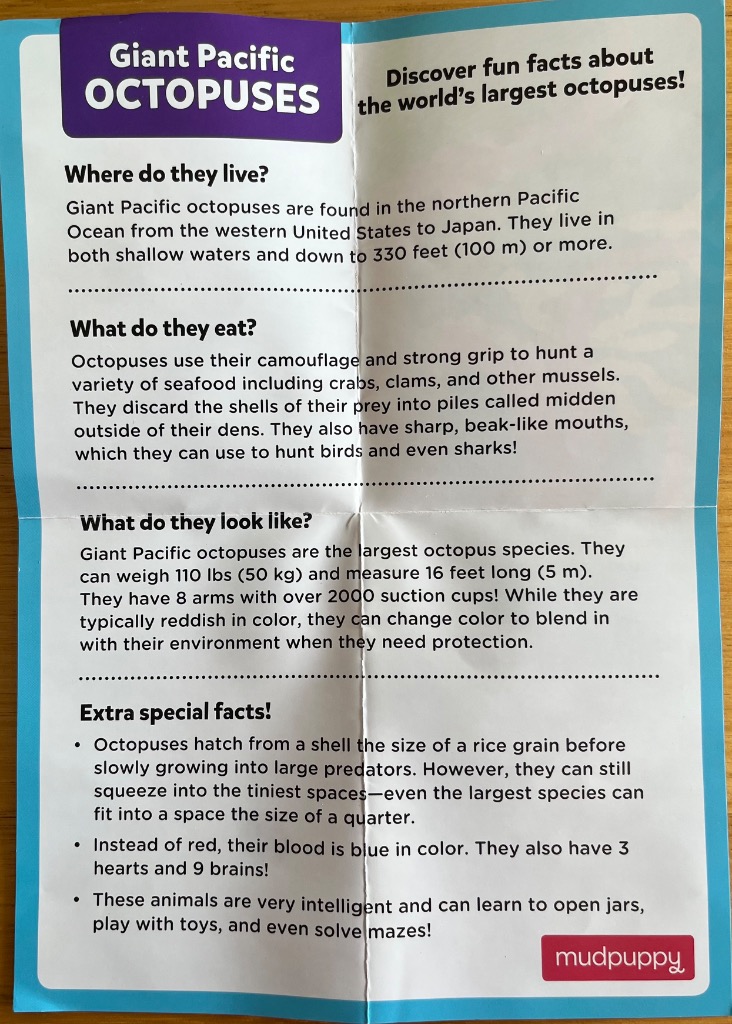 An informational document with educational facts about the Giant Pacific Octopus.