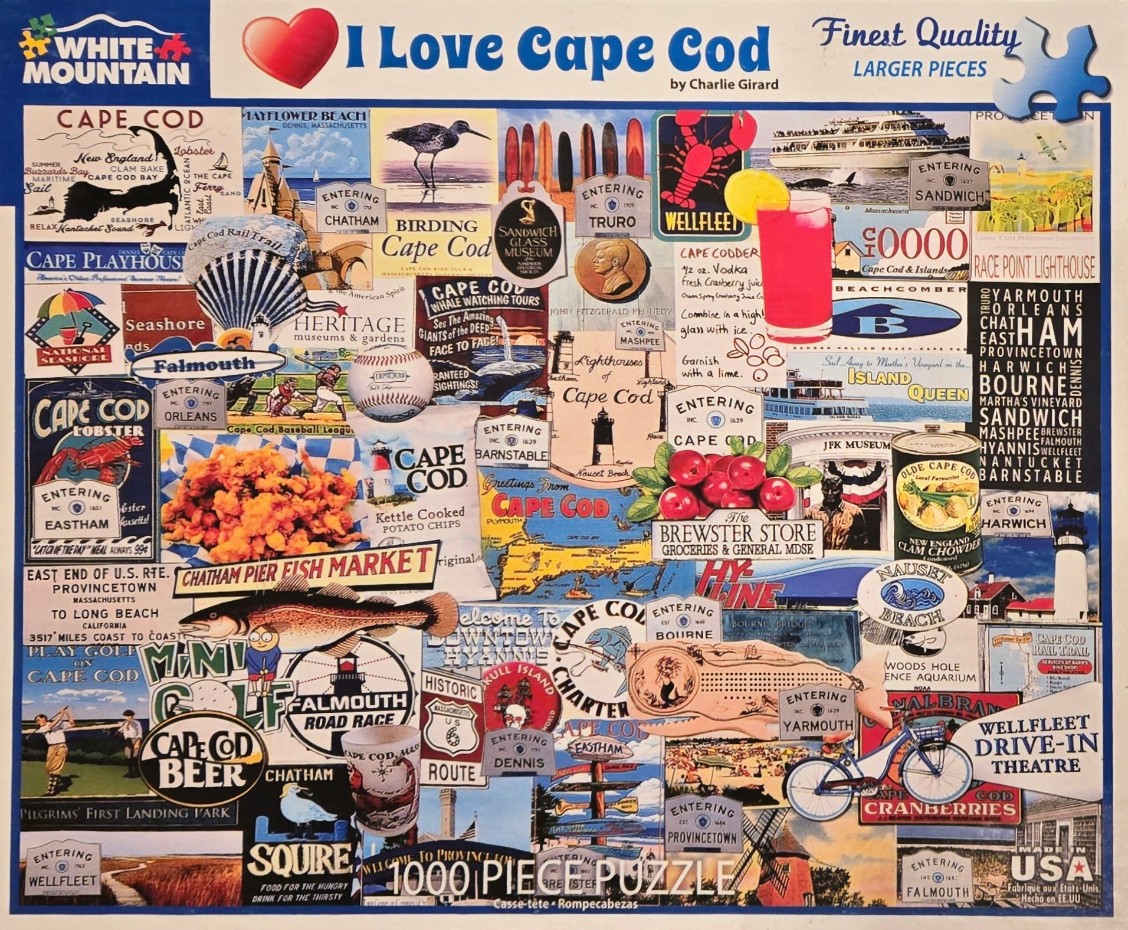 A collage of Cape Cod-themed postcards, signs, and icons featuring lighthouses, seafood, beaches, and local landmarks.
