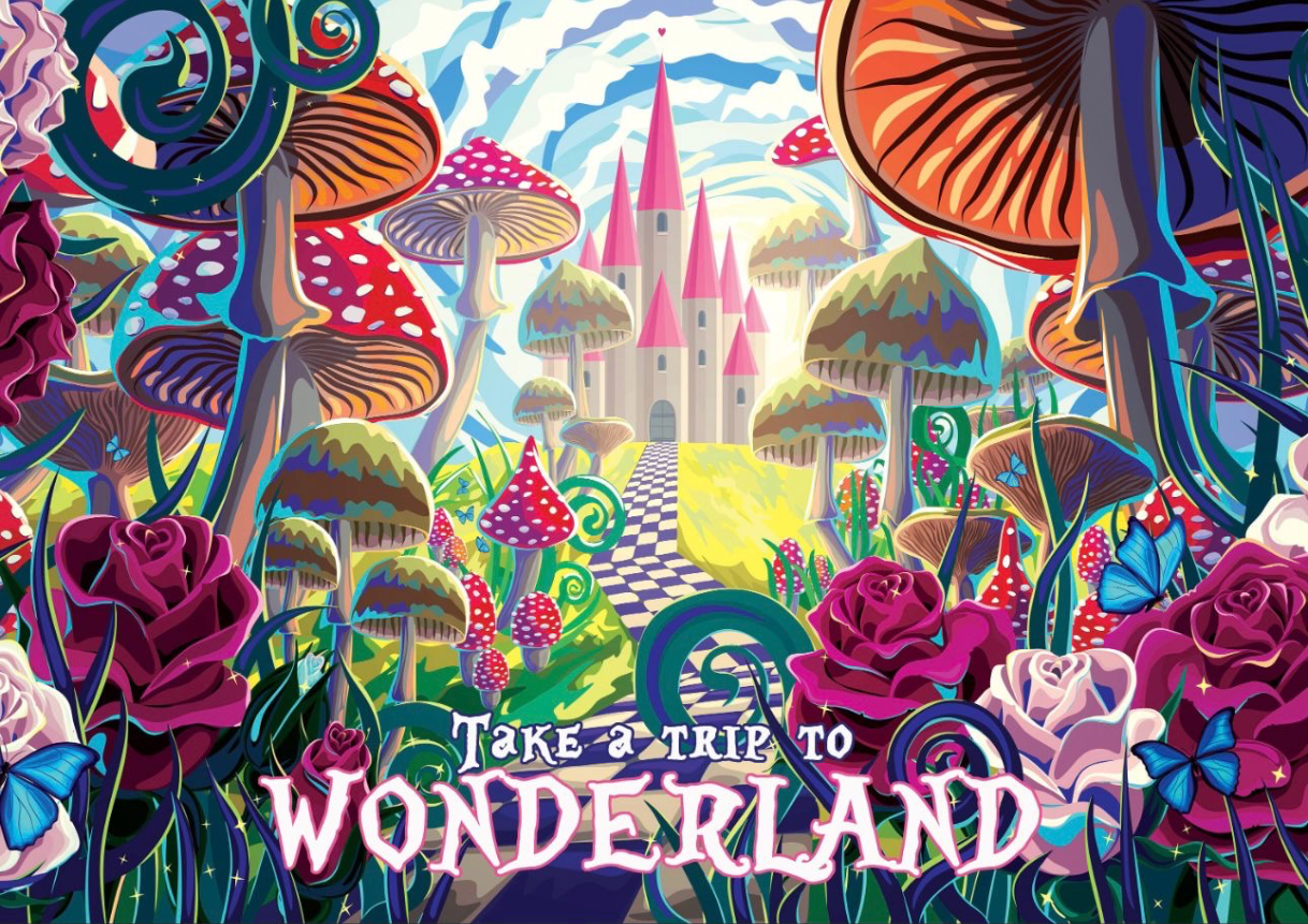 Whimsical forest with oversized mushrooms, vibrant roses, and a distant castle at the end of a checkered path.