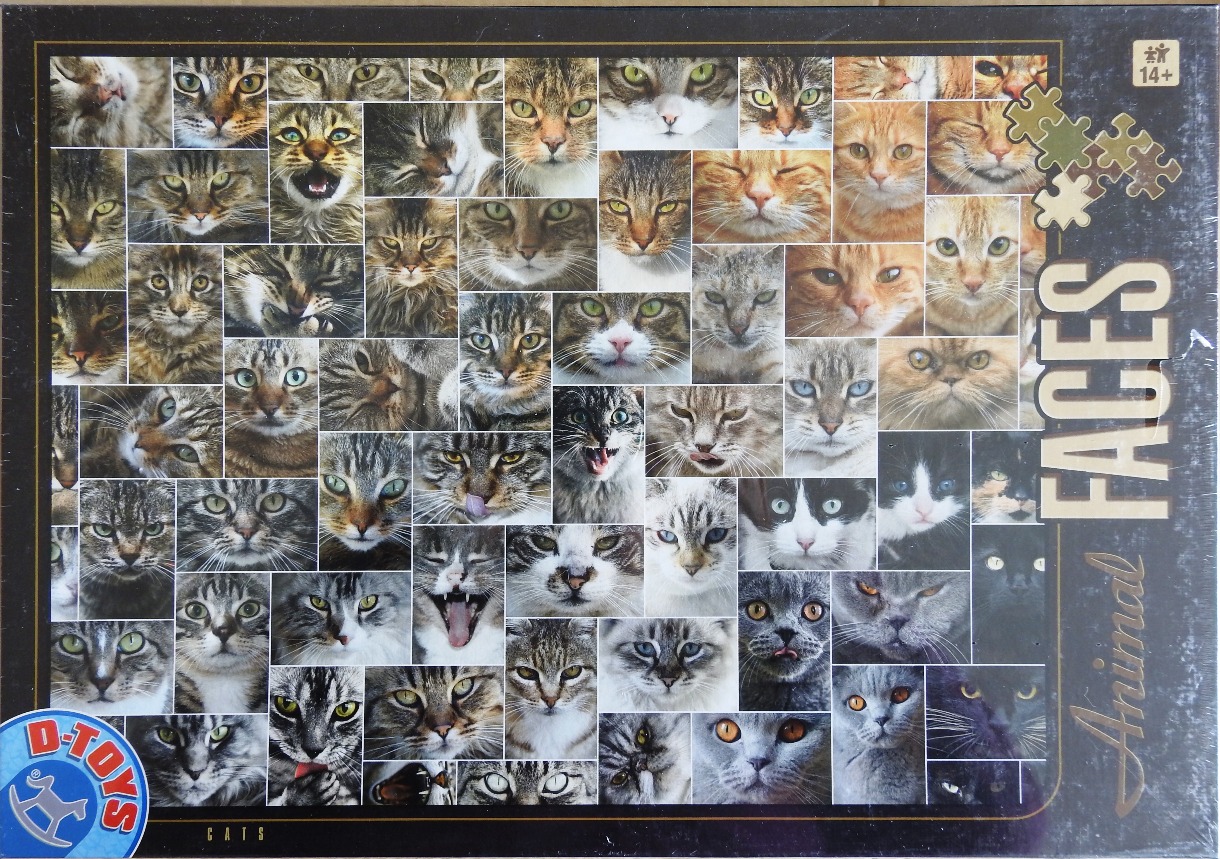 A collage of many cat faces showing various expressions, colors, and breeds.