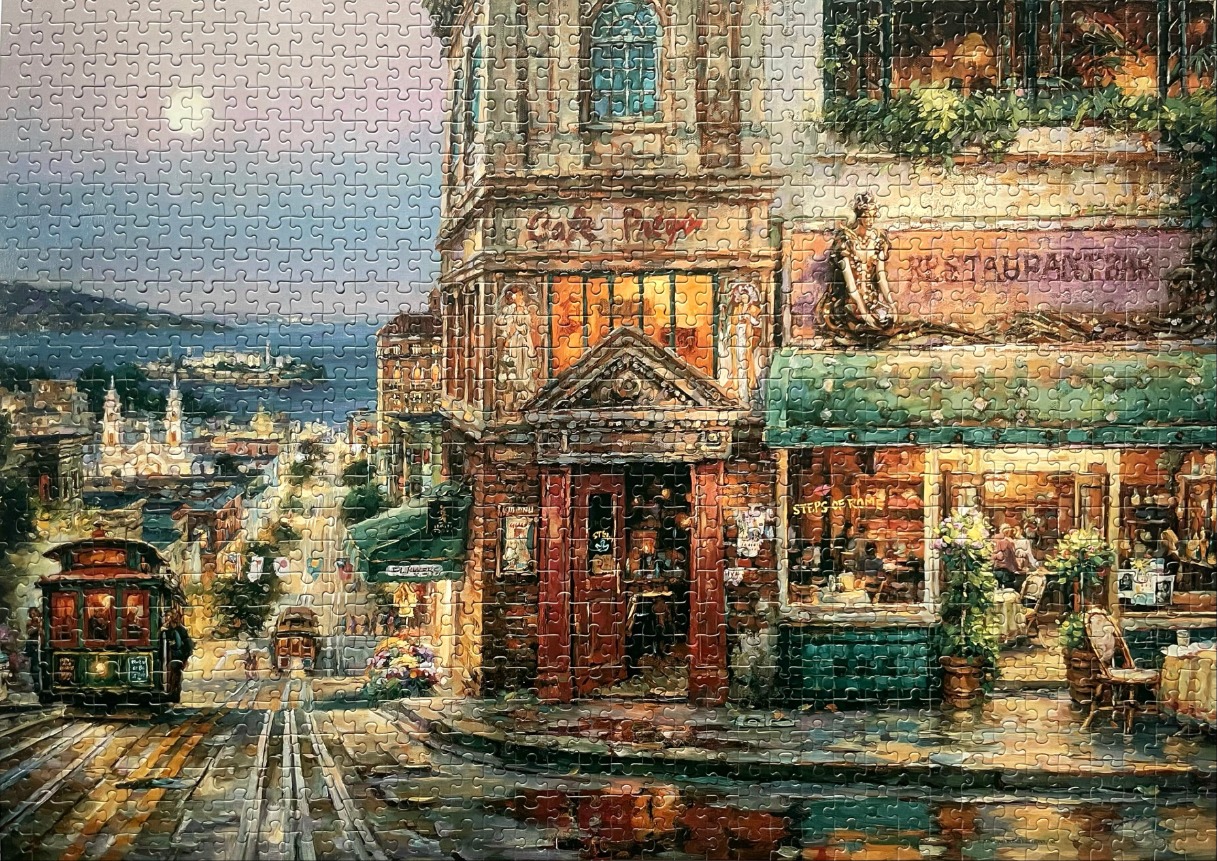 A nostalgic painting of a San Francisco street scene featuring a cable car, a corner cafe, and a waterfront bay view.
