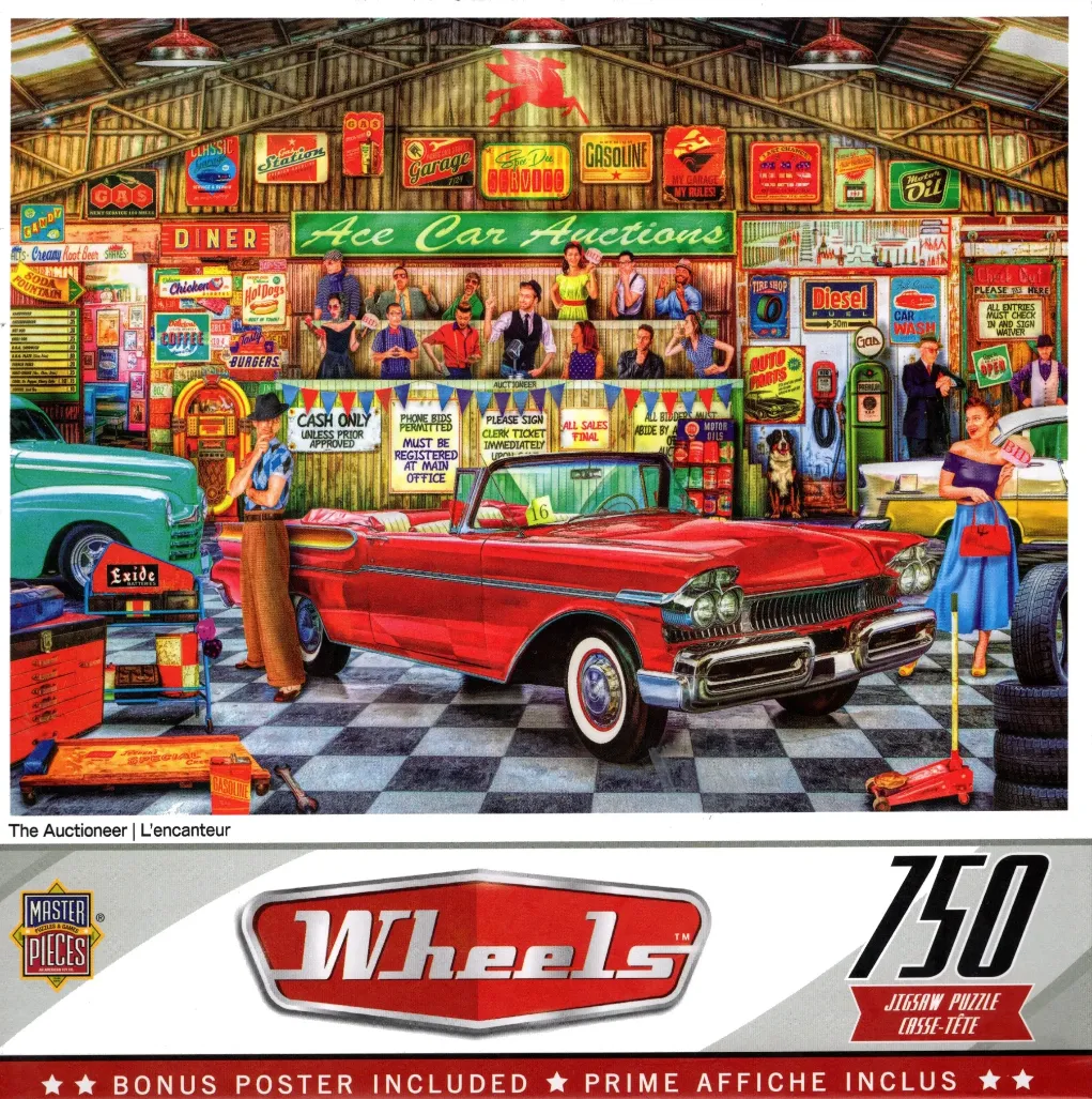 A nostalgic 1950s car auction scene set in a vintage garage with a bright red convertible as the focal point.