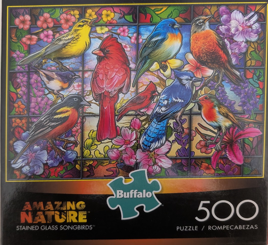 Colorful illustration of various songbirds perched amidst stained glass-style flowers