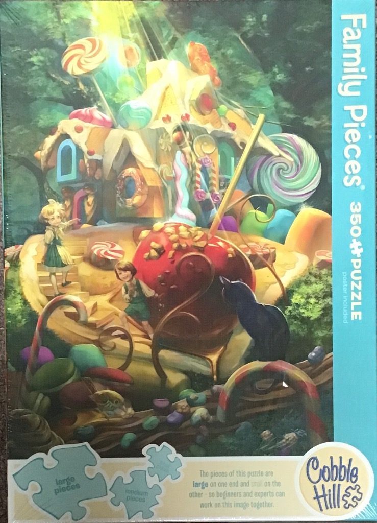 A whimsical candy-themed house in a magical forest with two children and a black cat.