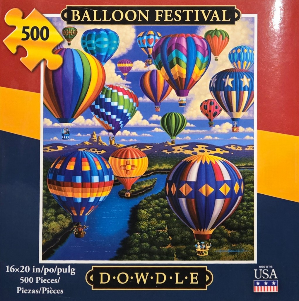 A whimsical illustration of many colorful hot air balloons floating over a river and forest landscape.