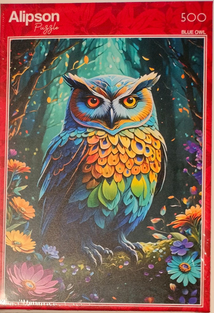 Stylized illustration of a colorful owl perched in a dark forest surrounded by bright wildflowers.
