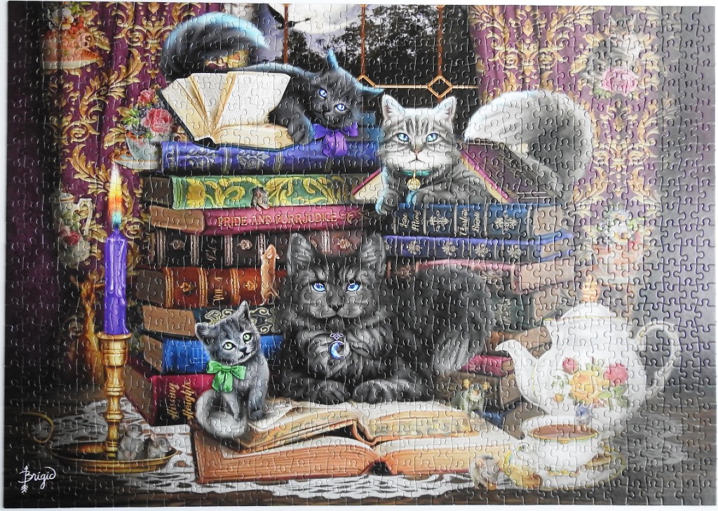 Fantasy illustration of four cats lounging amidst a stack of vintage books and a tea set in a cozy room.