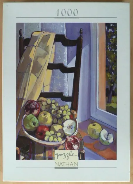Still life painting of a bowl of fruit sitting on an old wooden chair beside a window.