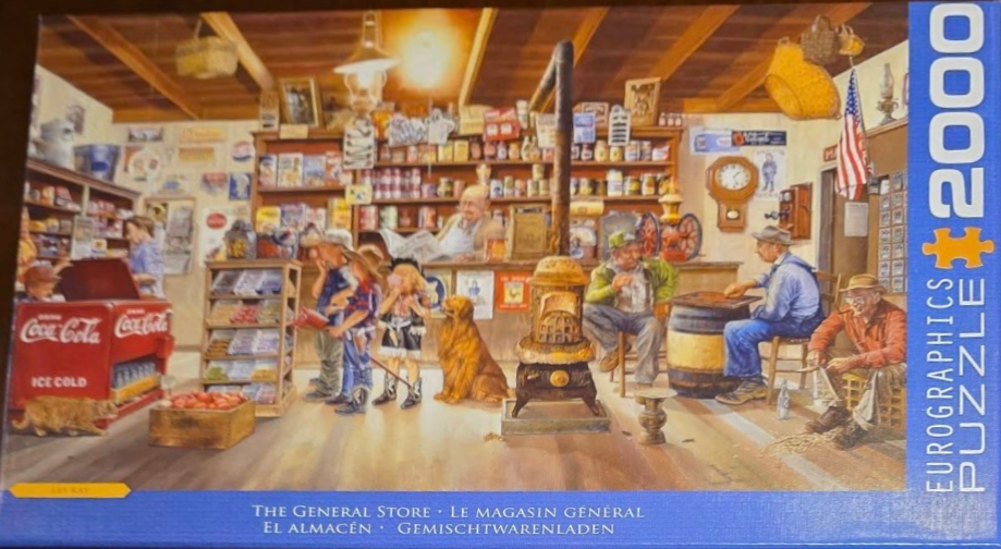 An illustration of a nostalgic American general store scene with people, a wood stove, and grocery shelves.