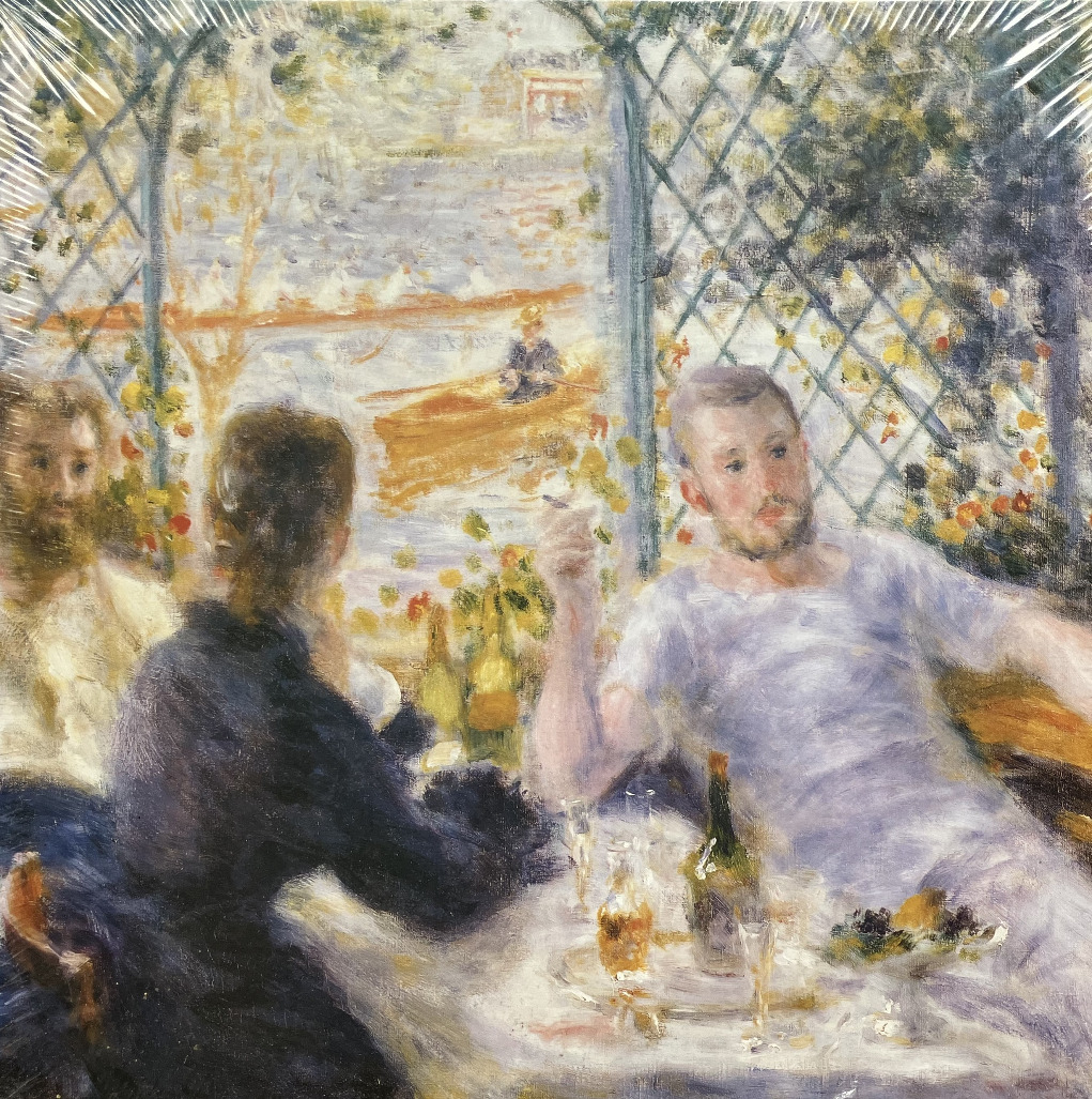 Impressionist painting of three people dining on a terrace overlooking a river with a rowboat.