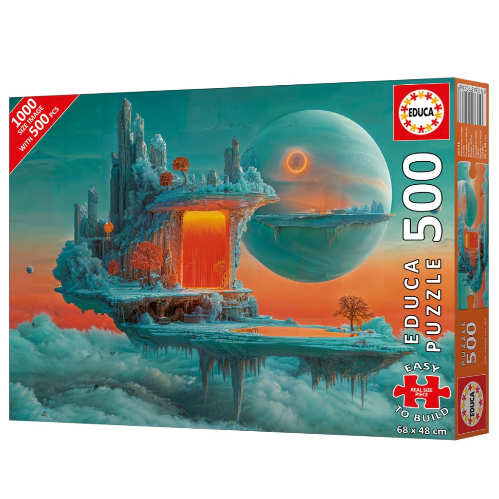 Surreal fantasy landscape with floating ice islands, a glowing orange portal, and a massive planet in a teal sky.