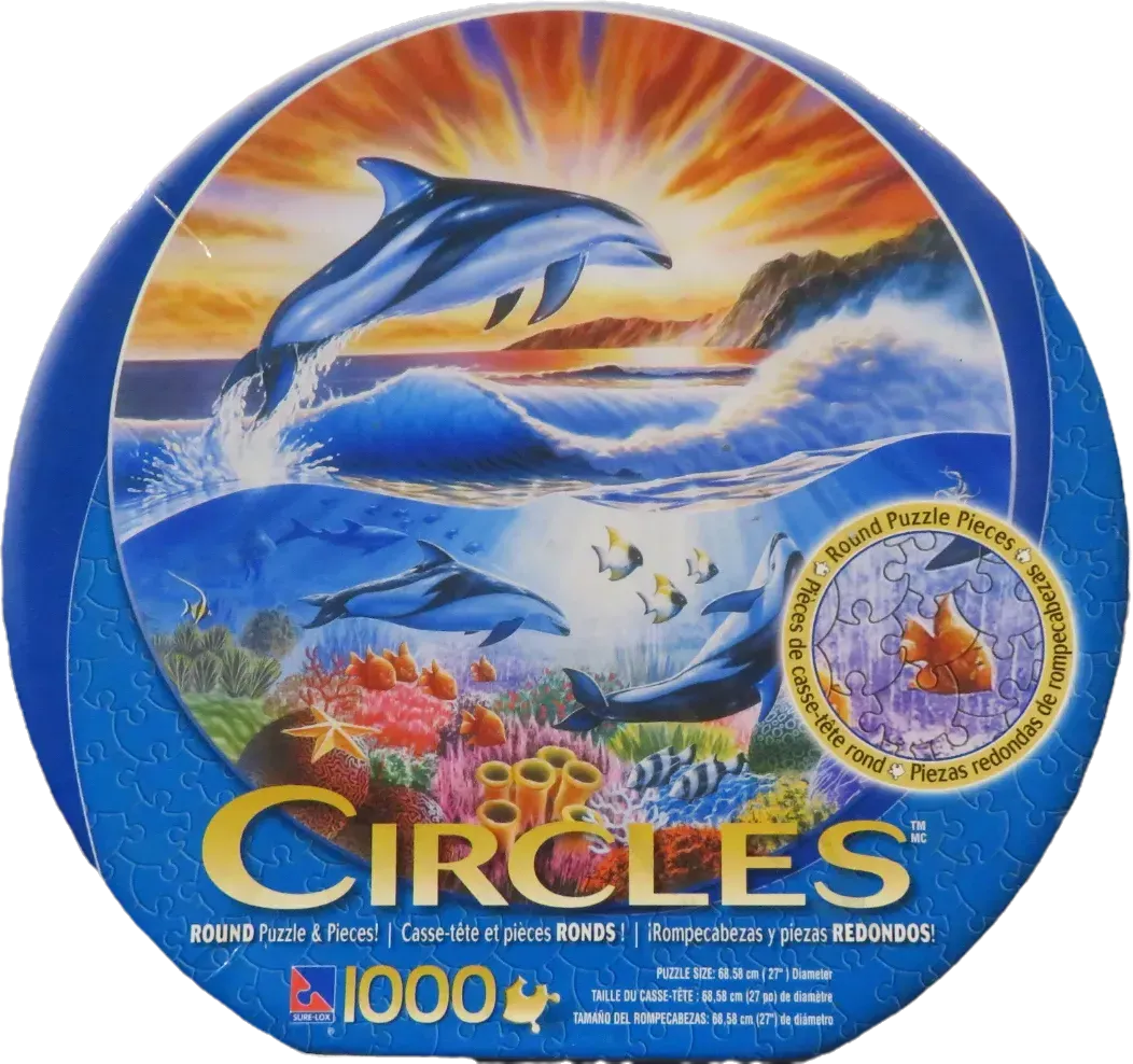 A circular image showing dolphins jumping over ocean waves with an underwater coral reef scene below.