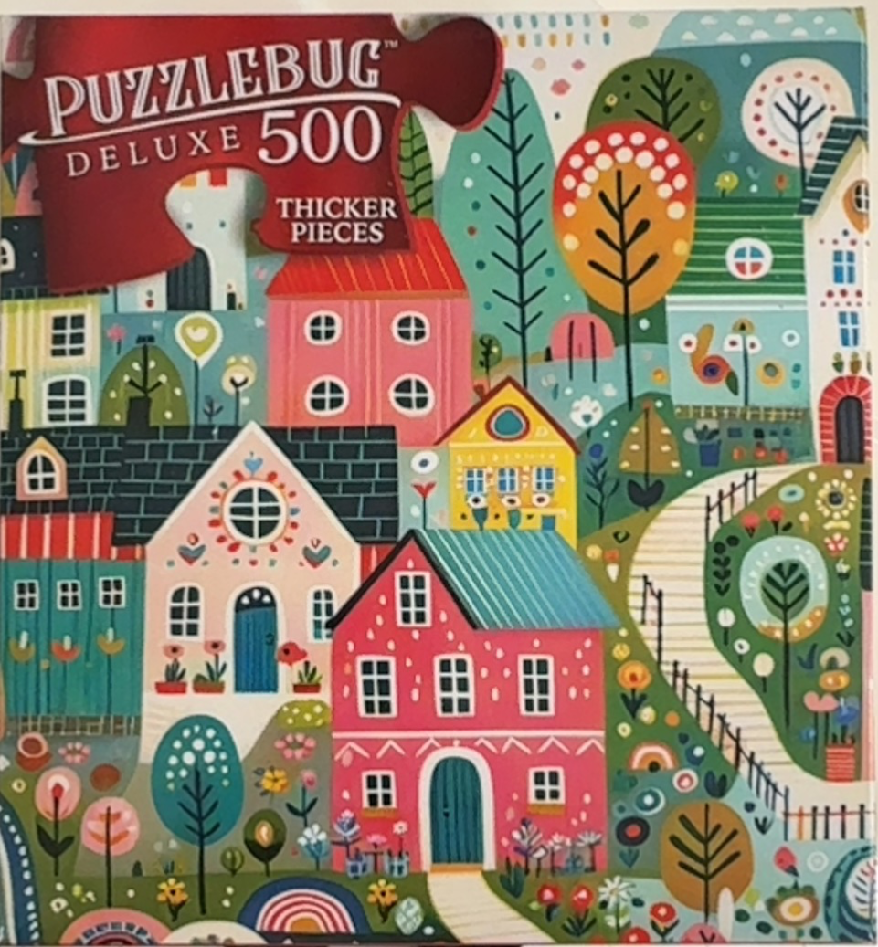 Whimsical folk art illustration of a colorful village with stylized houses and patterned trees.