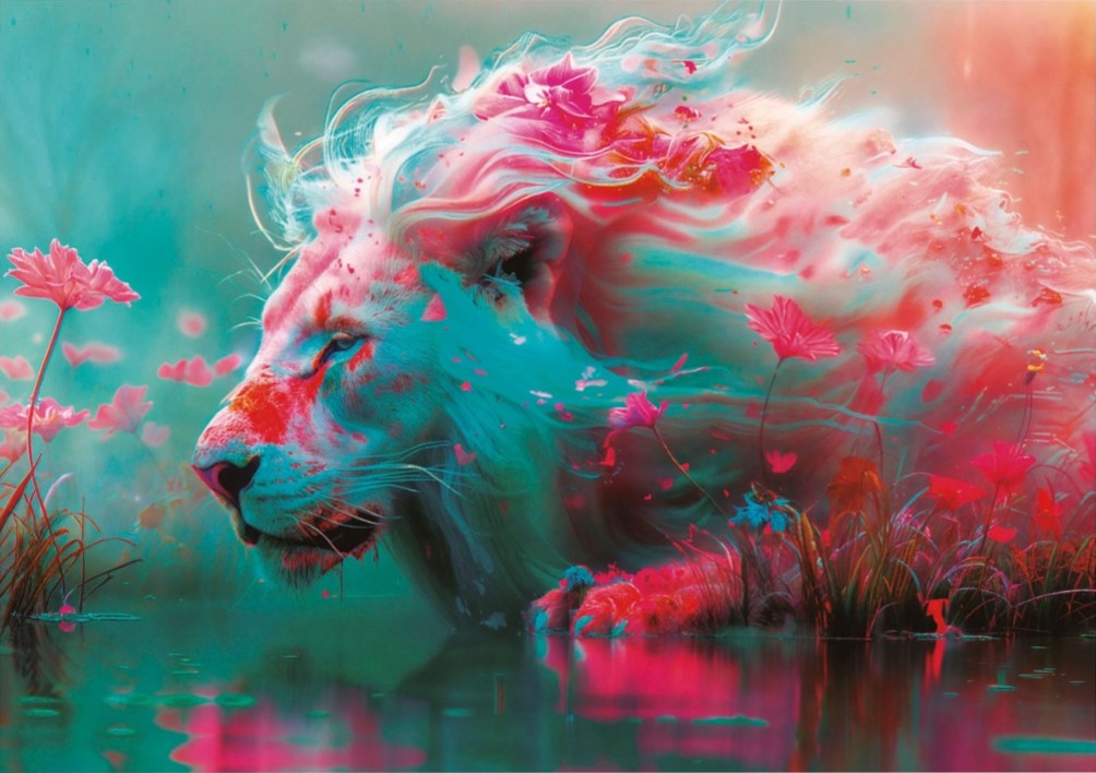 A surreal illustration of a lion with a mane made of pink flowers and flowing colors standing in a serene pool.