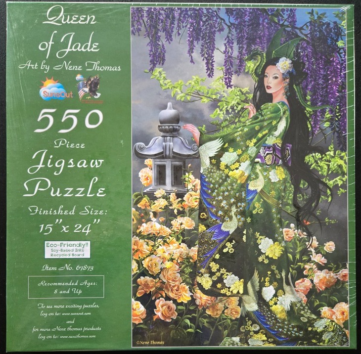 A fantasy illustration of a woman in a green kimono standing in a garden of yellow roses under wisteria.
