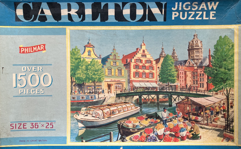 Illustration of a canal-side flower market and city buildings in a European style.