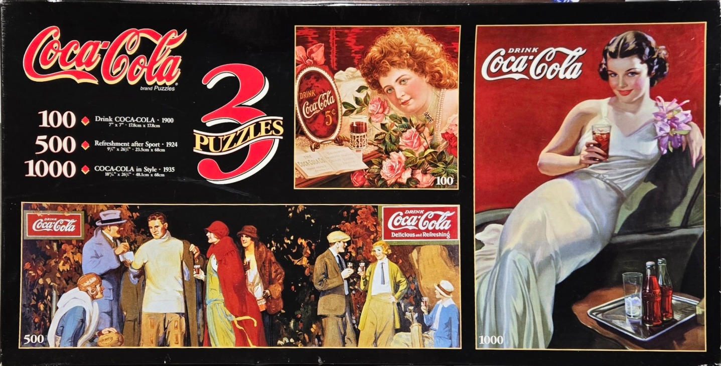A collection of three vintage Coca-Cola advertisements featuring women and scenes of social refreshment.