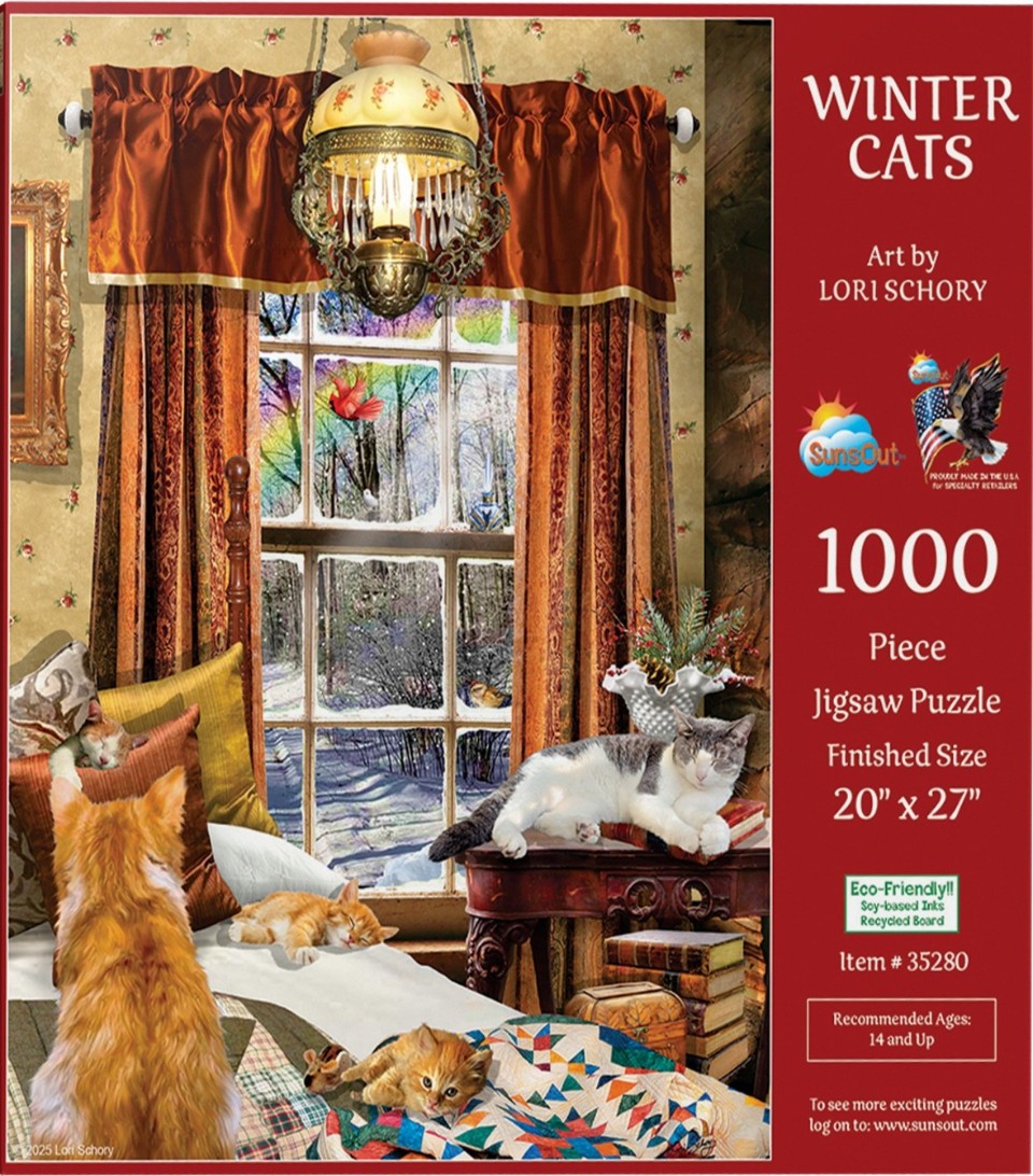 Cozy indoor scene with four cats resting near a window overlooking a snowy winter forest.