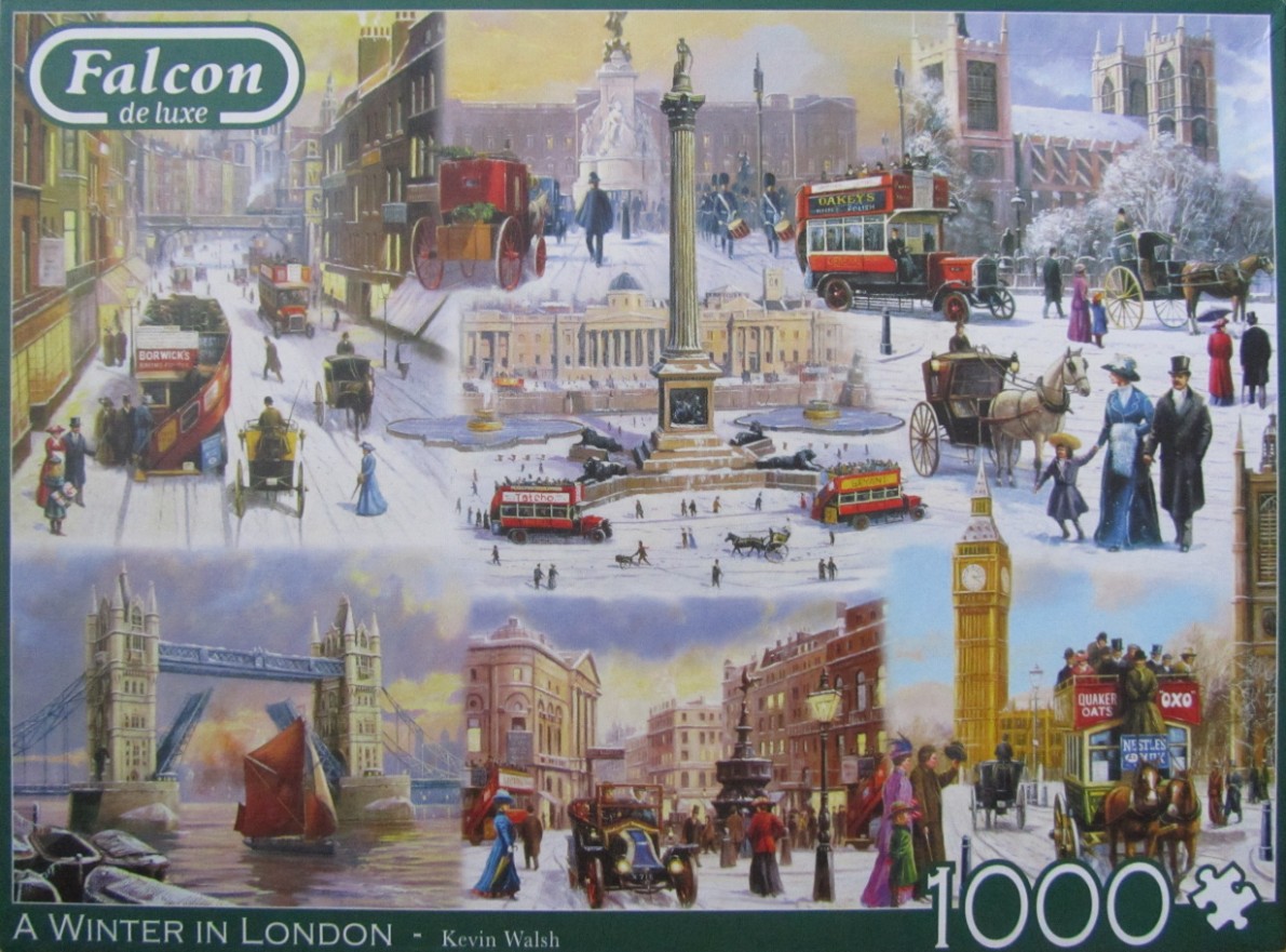 A nostalgic montage illustration of historical London landmarks and street scenes in winter.