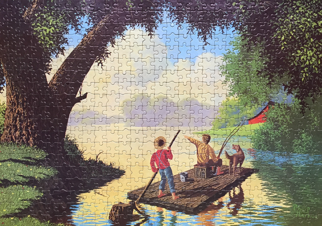 A painting of two boys and a dog on a wooden raft fishing on a calm lake under a large tree.