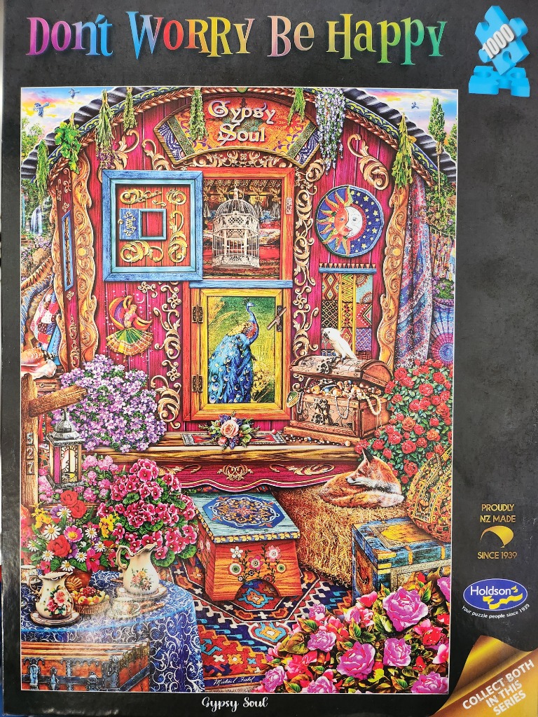 Illustration of an ornate, bohemian-style gypsy wagon entrance surrounded by flowers, a fox, and vintage treasures.