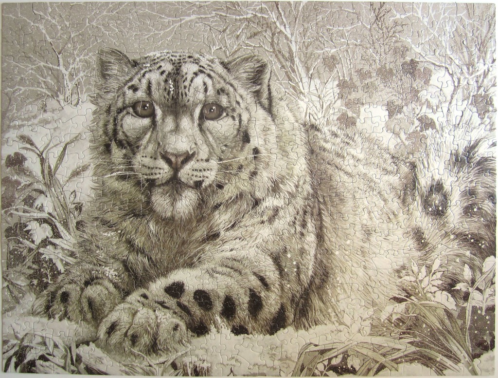 A detailed, monochrome illustration of a snow leopard resting in a snowy winter landscape.