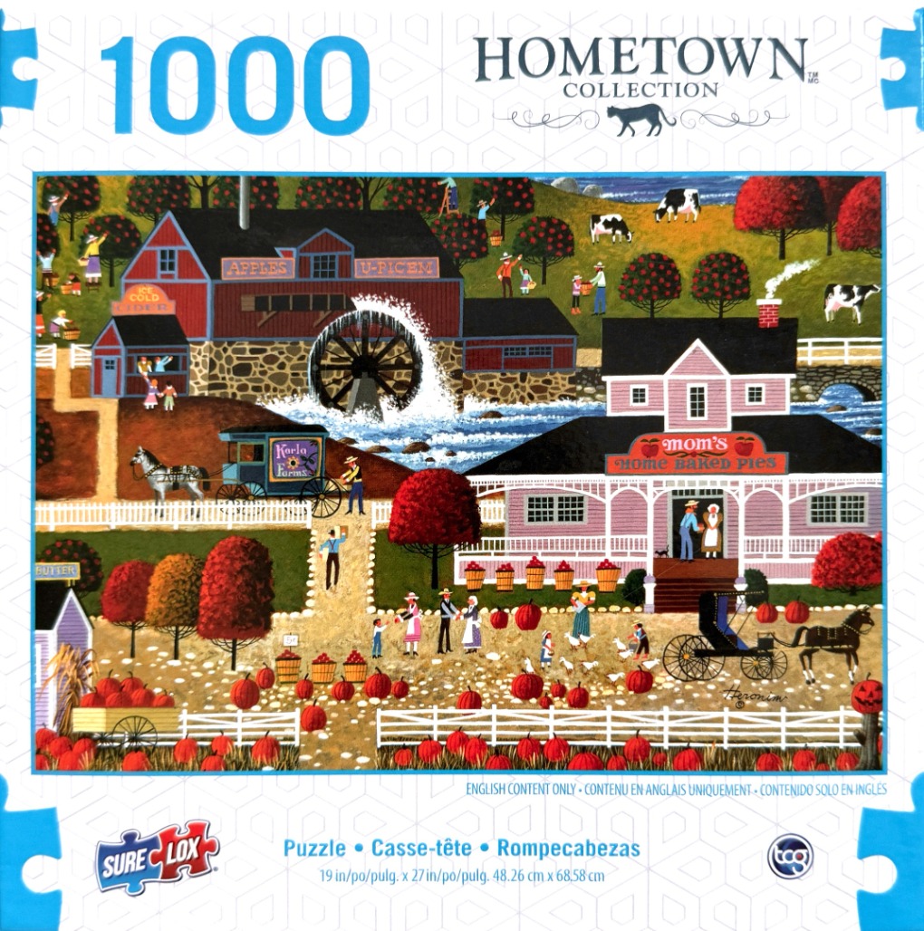 A whimsical folk art painting of a bustling autumn farm scene with a red mill, pie shop, and pumpkin patches.