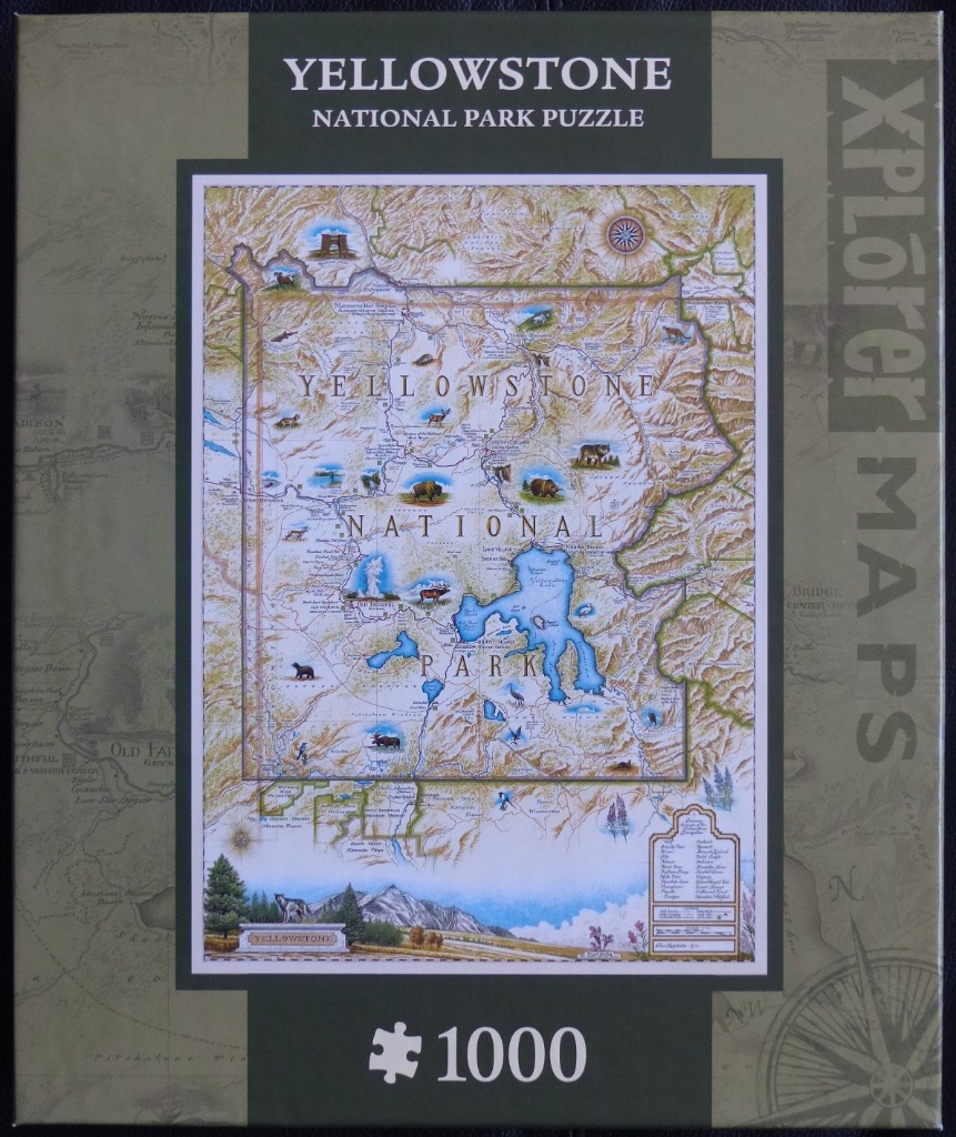 An illustrated map of Yellowstone National Park featuring wildlife and geographic landmarks.