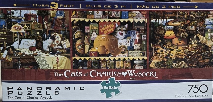 A panoramic illustration of cats in three distinct cozy indoor scenes including a sewing room, a pantry, and a workshop.