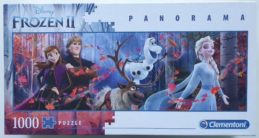 Animated characters Anna, Kristoff, Olaf, Sven, and Elsa surrounded by autumn leaves in a forest.