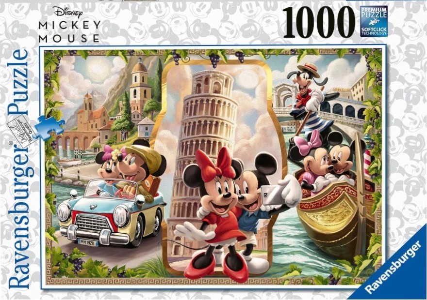 Mickey and Minnie Mouse on a European vacation in Italy, featuring the Leaning Tower of Pisa, a vintage car, and a gondola.