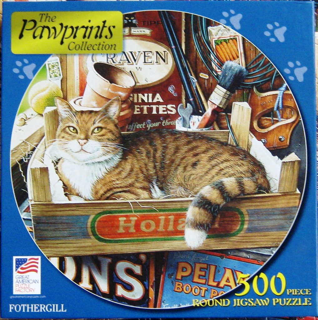 A brown tabby cat resting inside a wooden crate surrounded by vintage garden tools and advertising signs.