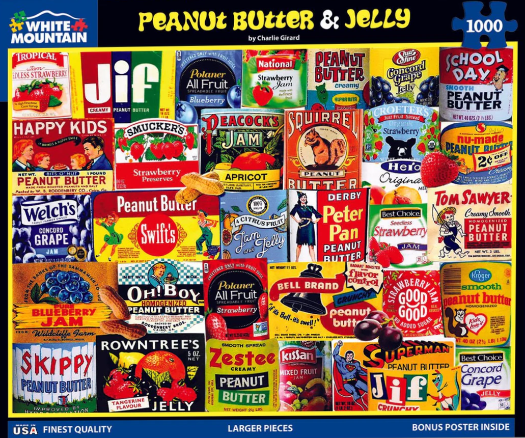 A collage of vintage peanut butter and fruit jam jar labels.