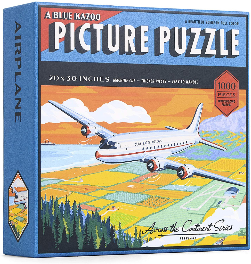 A vintage-style illustration of a propeller airplane flying over a patchwork landscape at sunset.