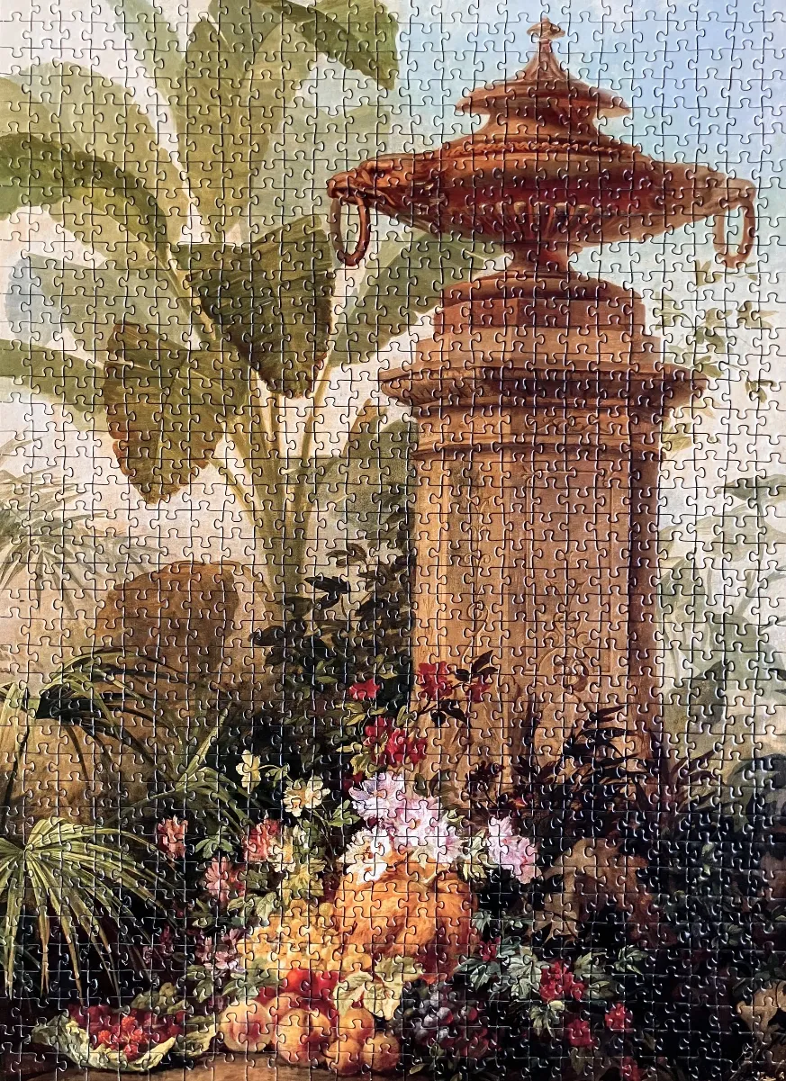 A classical garden scene featuring a stone pedestal fountain surrounded by lush foliage, exotic flowers, and a fruit harvest.