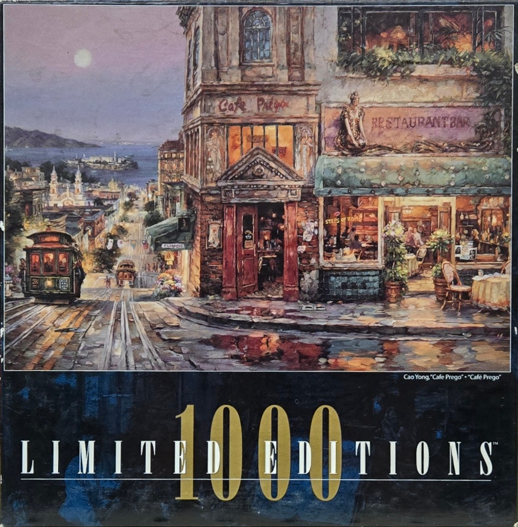 An oil painting of a San Francisco street scene at twilight featuring a cable car, a cafe, and a distant island.