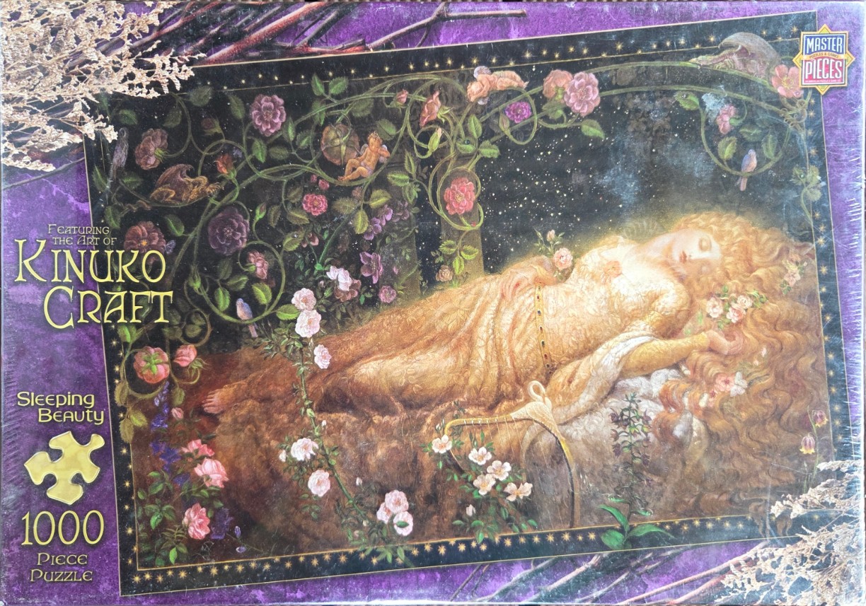 An ethereal, romantic illustration of Sleeping Beauty lying amidst a flowering rose bower under a starry night sky.